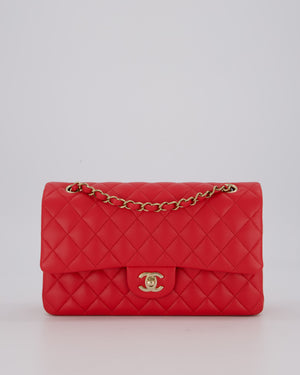Chanel Medium Strawberry Red Classic Double Flap Bag in Lambskin Leather with Champagne Hardware