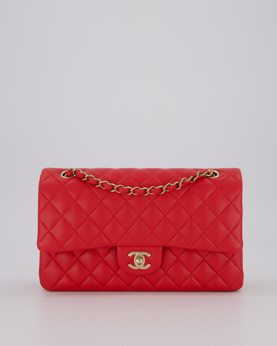 Chanel Medium Strawberry Red Classic Double Flap Bag in Lambskin Leather with Champagne Hardware