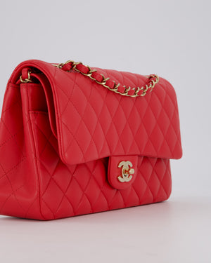 Chanel Medium Strawberry Red Classic Double Flap Bag in Lambskin Leather with Champagne Hardware
