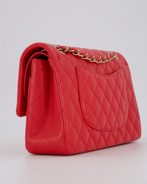 Chanel Medium Strawberry Red Classic Double Flap Bag in Lambskin Leather with Champagne Hardware