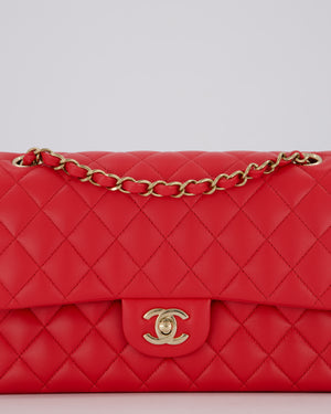 Chanel Medium Strawberry Red Classic Double Flap Bag in Lambskin Leather with Champagne Hardware