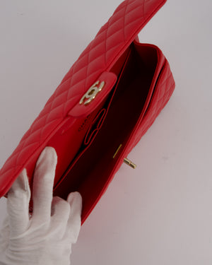 Chanel Medium Strawberry Red Classic Double Flap Bag in Lambskin Leather with Champagne Hardware