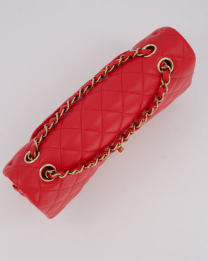 Chanel Medium Strawberry Red Classic Double Flap Bag in Lambskin Leather with Champagne Hardware