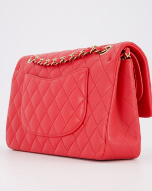 Chanel Medium Strawberry Red Classic Double Flap Bag in Lambskin Leather with Champagne Hardware
