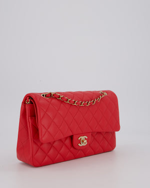 Chanel Medium Strawberry Red Classic Double Flap Bag in Lambskin Leather with Champagne Hardware
