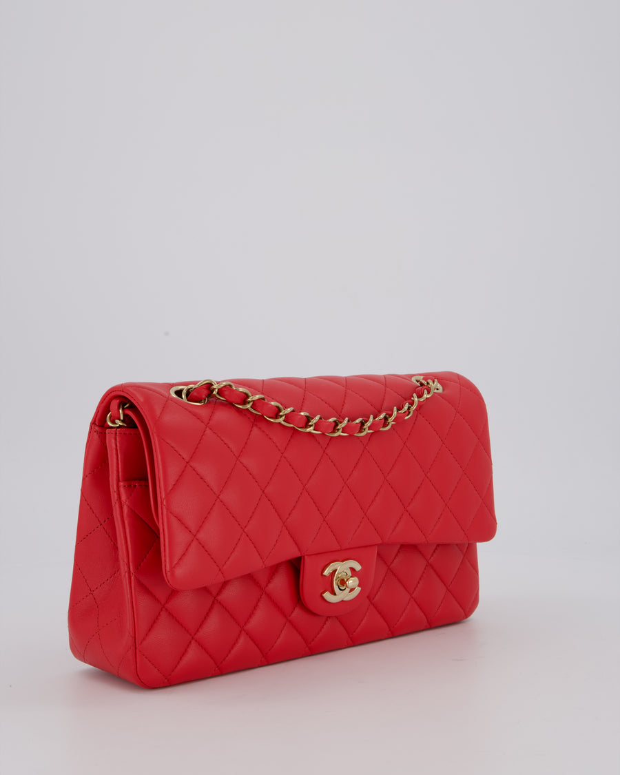 Chanel Medium Strawberry Red Classic Double Flap Bag in Lambskin Leather with Champagne Hardware