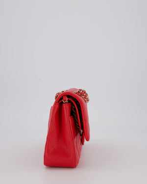 Chanel Medium Strawberry Red Classic Double Flap Bag in Lambskin Leather with Champagne Hardware