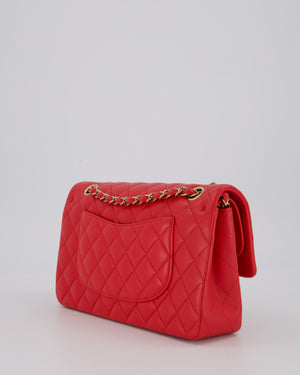 Chanel Medium Strawberry Red Classic Double Flap Bag in Lambskin Leather with Champagne Hardware