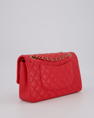 Chanel Medium Strawberry Red Classic Double Flap Bag in Lambskin Leather with Champagne Hardware