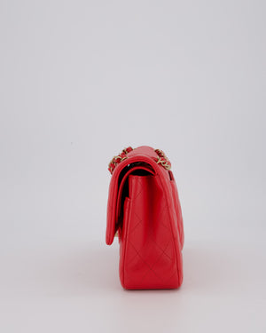 Chanel Medium Strawberry Red Classic Double Flap Bag in Lambskin Leather with Champagne Hardware