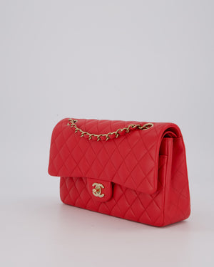 Chanel Medium Strawberry Red Classic Double Flap Bag in Lambskin Leather with Champagne Hardware