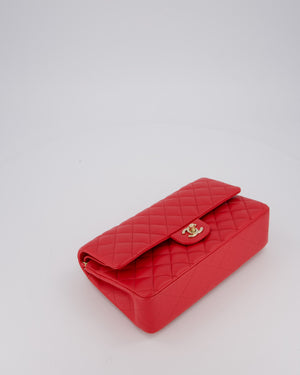 Chanel Medium Strawberry Red Classic Double Flap Bag in Lambskin Leather with Champagne Hardware