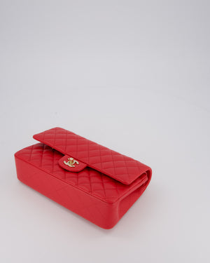 Chanel Medium Strawberry Red Classic Double Flap Bag in Lambskin Leather with Champagne Hardware