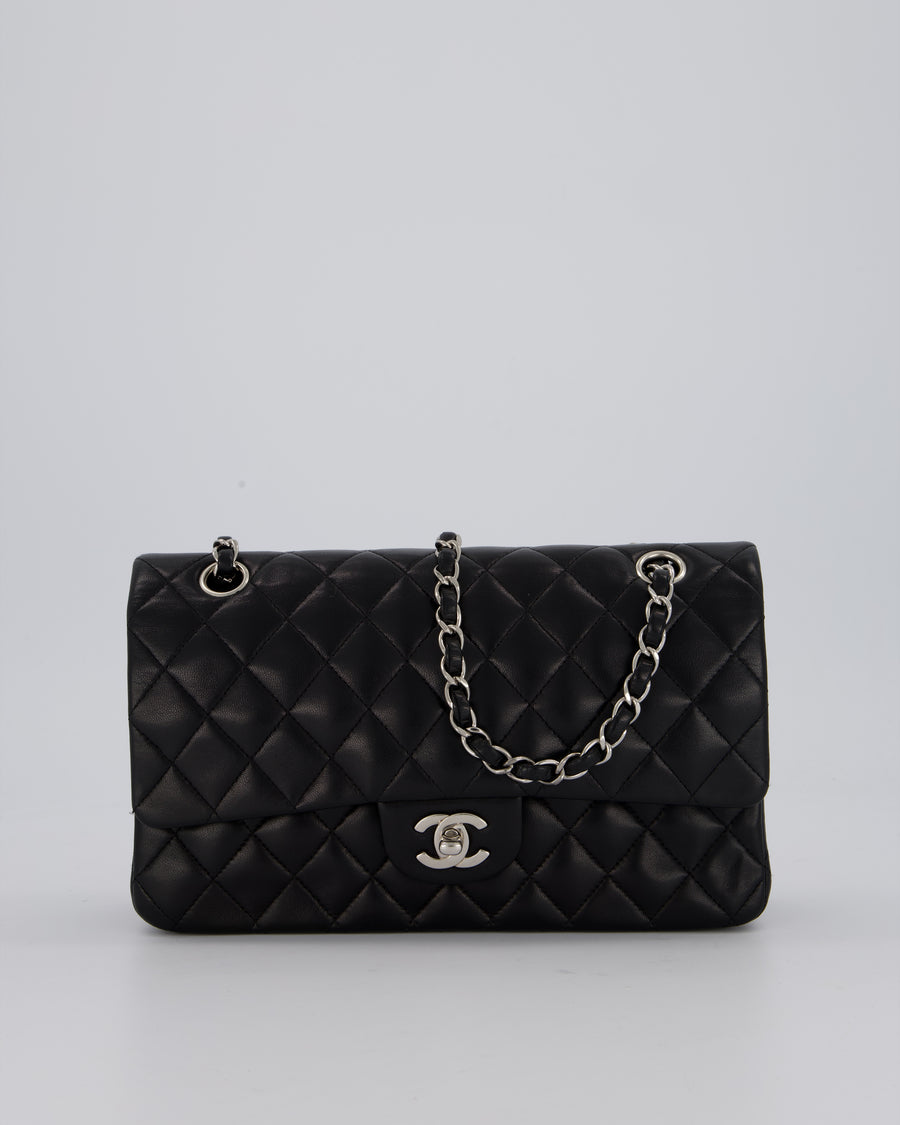 Chanel Medium Black Classic Double Flap Bag in Lambskin Leather with Silver Hardware