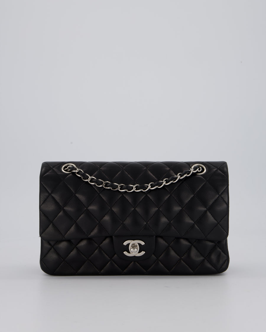 Chanel Medium Black Classic Double Flap Bag in Lambskin Leather with Silver Hardware