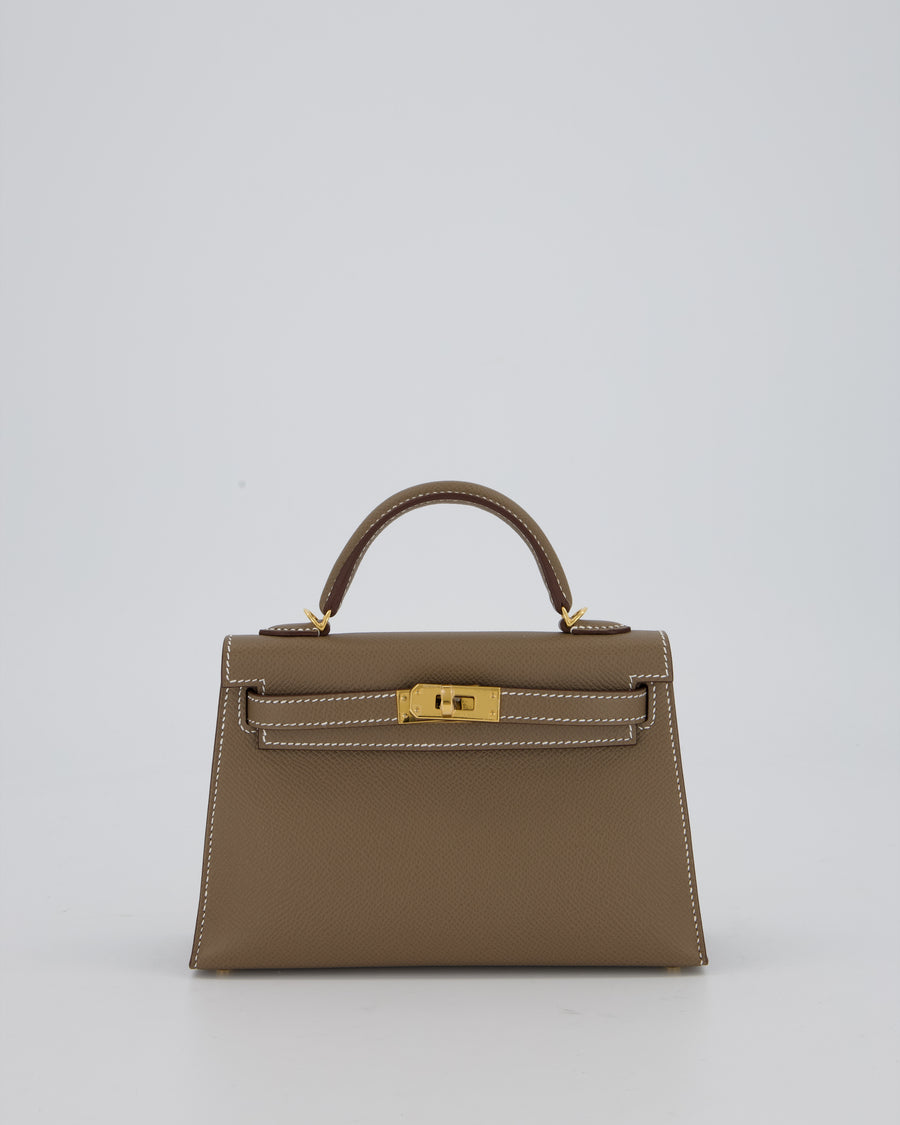 *HOT* Hermès Mini Kelly II 20 Bag in Etoupe Epsom Leather with Gold Hardware
