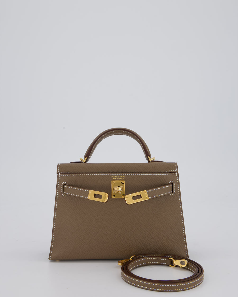 *HOT* Hermès Mini Kelly II 20 Bag in Etoupe Epsom Leather with Gold Hardware