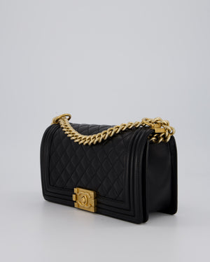 Chanel Black Medium Boy Bag in Lambskin Quilted Leather with Brushed Gold Hardware