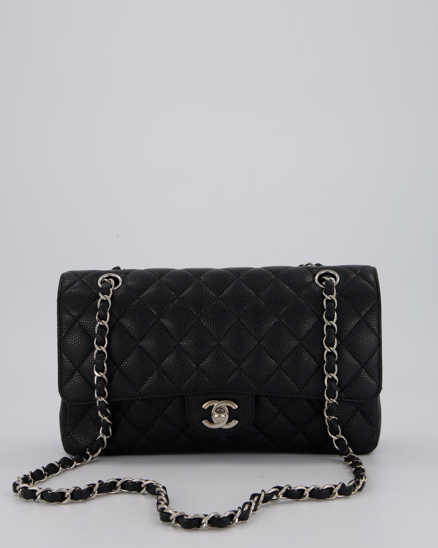 Chanel Medium Black Classic Double Flap Bag in Caviar Leather with Silver Hardware