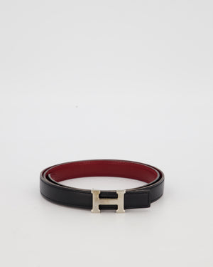 Hermès Au Carré Reversible Belt in Noir Swift Leather and Rouge Interior with Palladium H Buckle 80cm