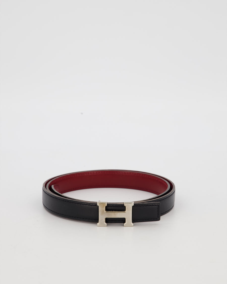 Hermès Au Carré Reversible Belt in Noir Swift Leather and Rouge Interior with Palladium H Buckle 80cm