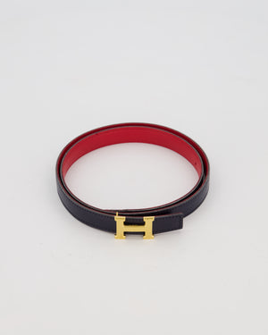 Hermès Au Carré Reversible Belt in Bleu Navy with Rouge De Coeur Interior and Gold H Buckle 75cm
