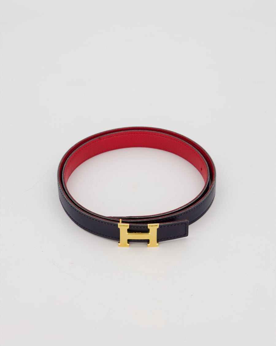 Hermès Au Carré Reversible Belt in Bleu Navy with Rouge De Coeur Interior and Gold H Buckle 75cm