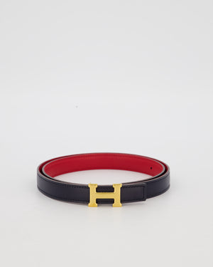 Hermès Au Carré Reversible Belt in Bleu Navy with Rouge De Coeur Interior and Gold H Buckle 75cm