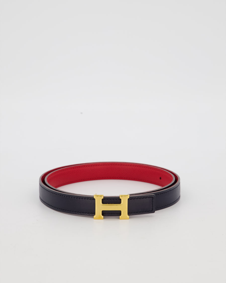 Hermès Au Carré Reversible Belt in Bleu Navy with Rouge De Coeur Interior and Gold H Buckle 75cm
