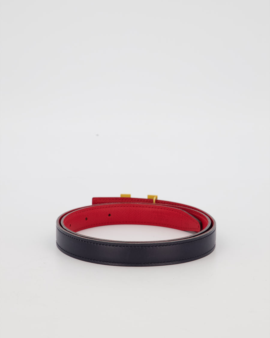 Hermès Au Carré Reversible Belt in Bleu Navy with Rouge De Coeur Interior and Gold H Buckle 75cm
