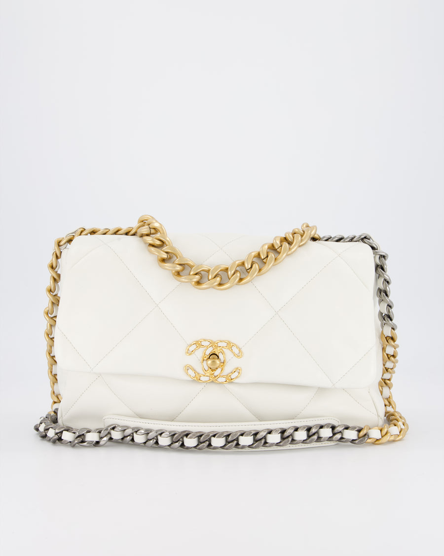 Chanel 20A Large 19 Flap Bag in White Goatskin Quilted Leather with Mixed Hardware