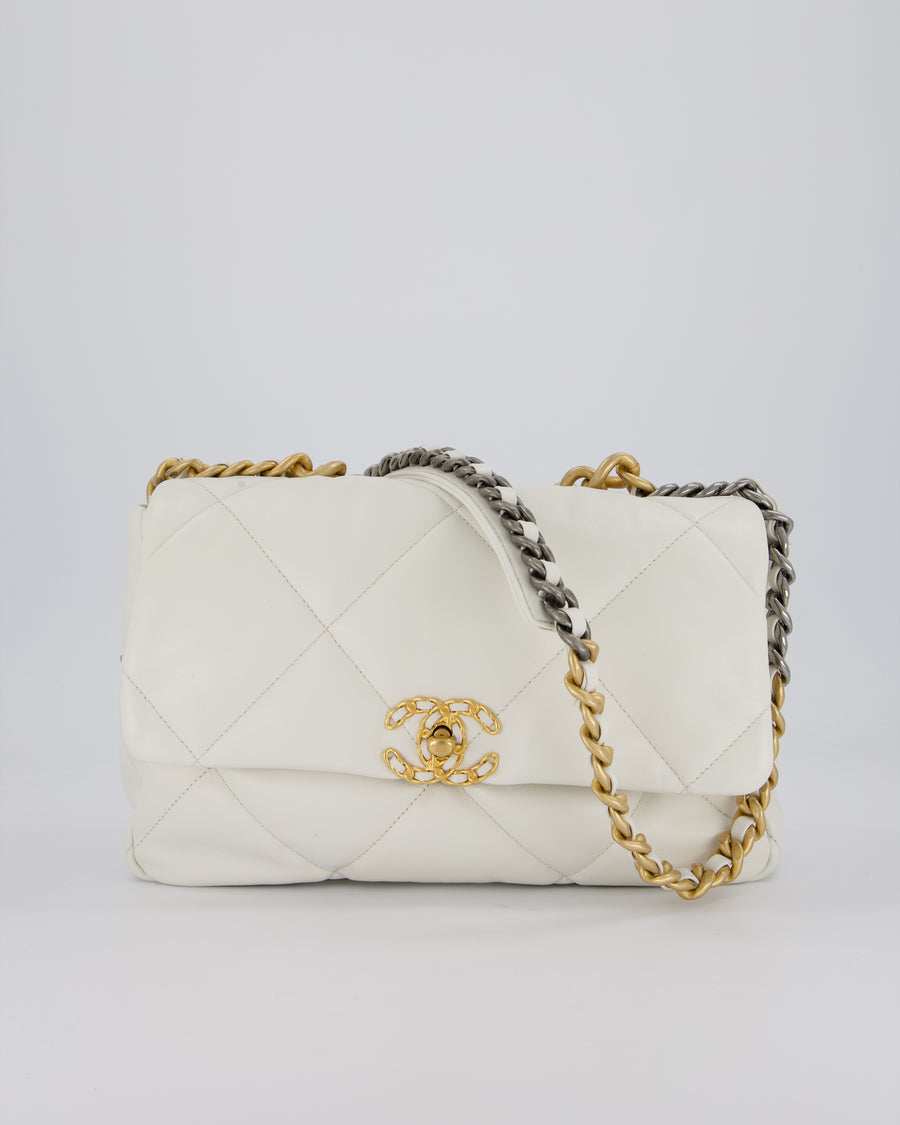 Chanel 20A Large 19 Flap Bag in White Goatskin Quilted Leather with Mixed Hardware