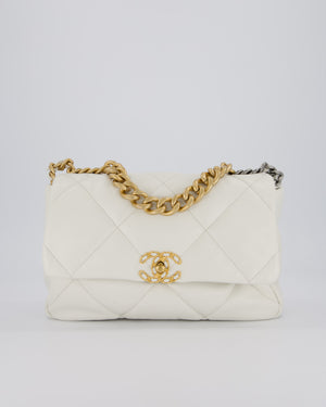 Chanel 20A Large 19 Flap Bag in White Goatskin Quilted Leather with Mixed Hardware