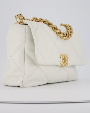 Chanel 20A Large 19 Flap Bag in White Goatskin Quilted Leather with Mixed Hardware