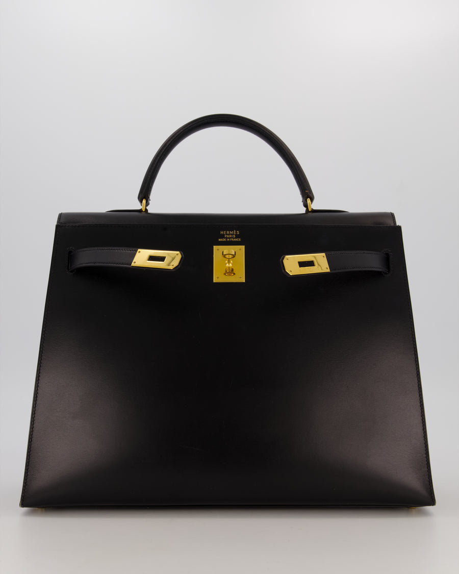 *RARE* Hermès Vintage Kelly 35 Sellier Bag in Noir Box Calf Leather with Gold Hardware
