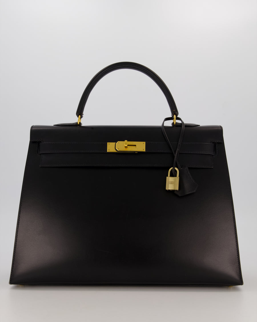 *RARE* Hermès Vintage Kelly 35 Sellier Bag in Noir Box Calf Leather with Gold Hardware