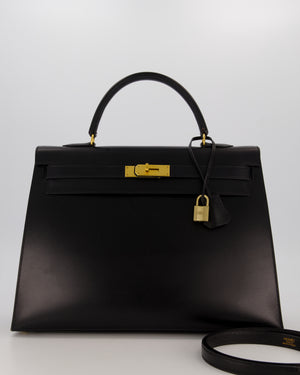 *RARE* Hermès Vintage Kelly 35 Sellier Bag in Noir Box Calf Leather with Gold Hardware