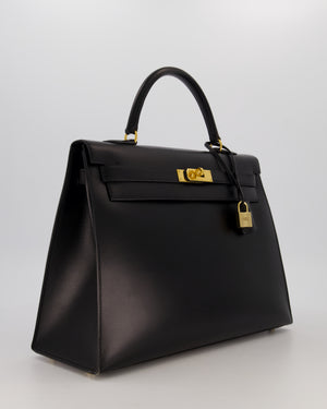 *RARE* Hermès Vintage Kelly 35 Sellier Bag in Noir Box Calf Leather with Gold Hardware
