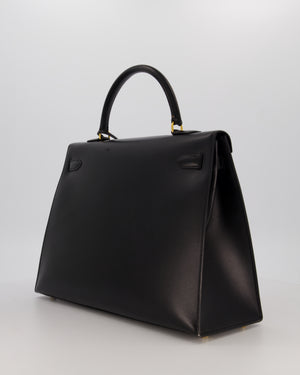 *RARE* Hermès Vintage Kelly 35 Sellier Bag in Noir Box Calf Leather with Gold Hardware