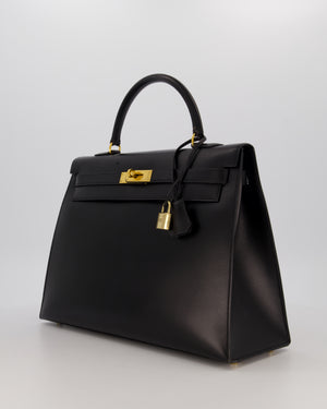 *RARE* Hermès Vintage Kelly 35 Sellier Bag in Noir Box Calf Leather with Gold Hardware