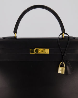 *RARE* Hermès Vintage Kelly 35 Sellier Bag in Noir Box Calf Leather with Gold Hardware
