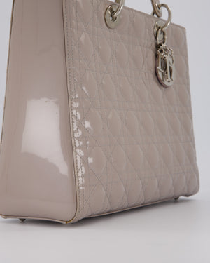 Christian Dior Taupe Grey Large Lady Dior Bag in Cannage Patent Leather with Silver Hardware RRP £5,600