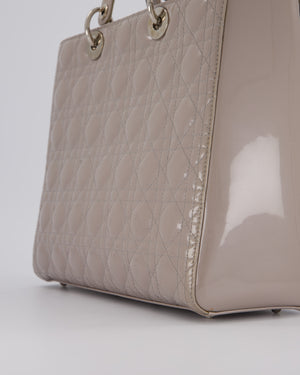 Christian Dior Taupe Grey Large Lady Dior Bag in Cannage Patent Leather with Silver Hardware RRP £5,600