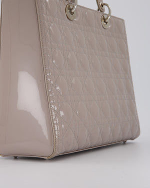 Christian Dior Taupe Grey Large Lady Dior Bag in Cannage Patent Leather with Silver Hardware RRP £5,600