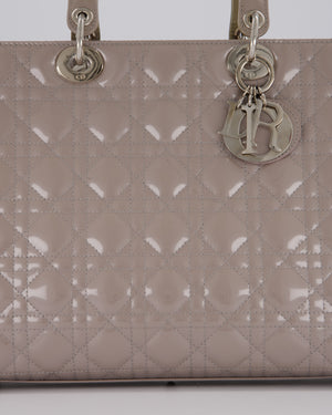 Christian Dior Taupe Grey Large Lady Dior Bag in Cannage Patent Leather with Silver Hardware RRP £5,600
