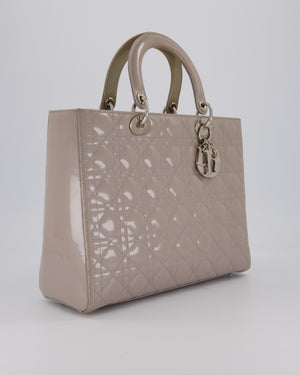 Christian Dior Taupe Grey Large Lady Dior Bag in Cannage Patent Leather with Silver Hardware RRP £5,600