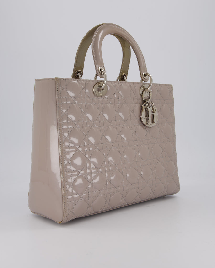 Christian Dior Taupe Grey Large Lady Dior Bag in Cannage Patent Leather with Silver Hardware RRP £5,600