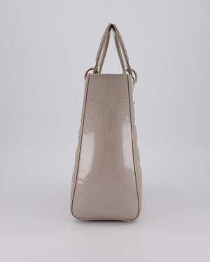 Christian Dior Taupe Grey Large Lady Dior Bag in Cannage Patent Leather with Silver Hardware RRP £5,600