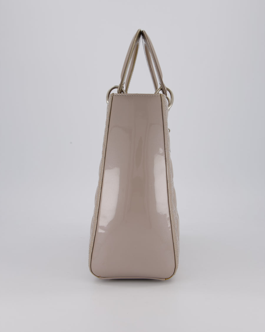 Christian Dior Taupe Grey Large Lady Dior Bag in Cannage Patent Leather with Silver Hardware RRP £5,600