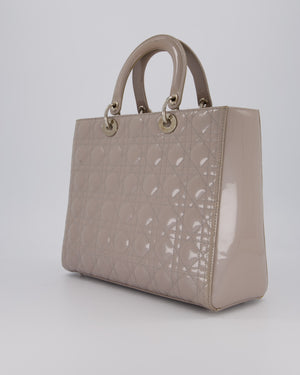 Christian Dior Taupe Grey Large Lady Dior Bag in Cannage Patent Leather with Silver Hardware RRP £5,600